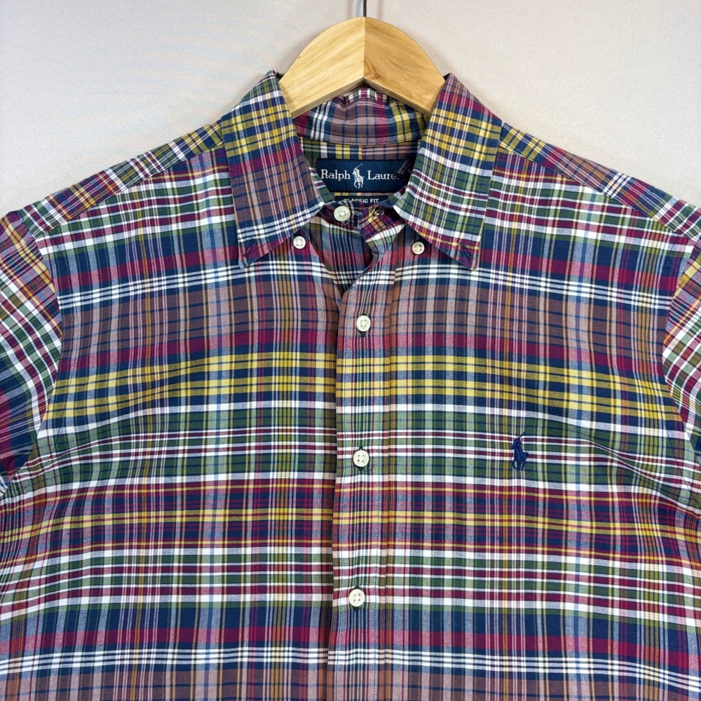 Ralph Lauren Shirt Mens M Multi Plaid Short Sleeve Classic Fit Navy Pony Preppy